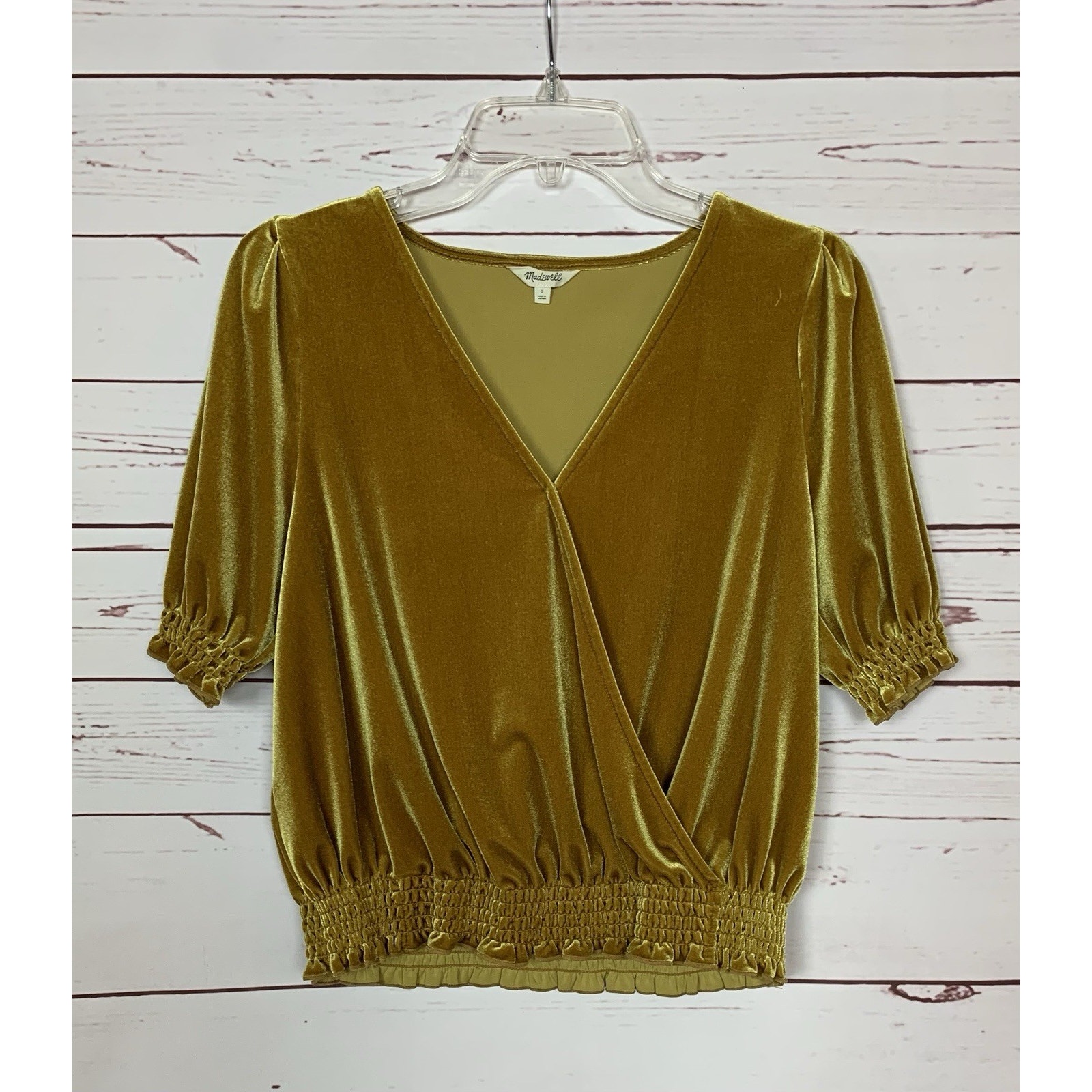 Madewell Women’s S Small Mustard Gold Velvet Velour Short Sleeve Crossover Top